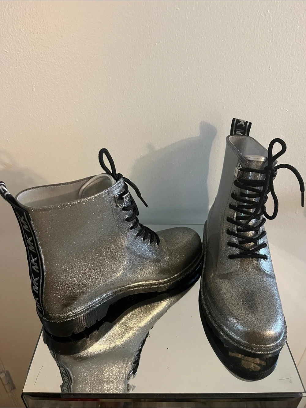 Michael Kors Silver Lace-Up Combat Boots with Black Laces
